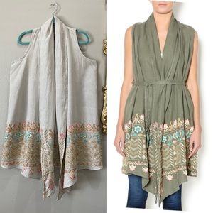 Johnny Was Los Angeles Linen Embroidered Tie Waist Vest Duster Kimono Long Line